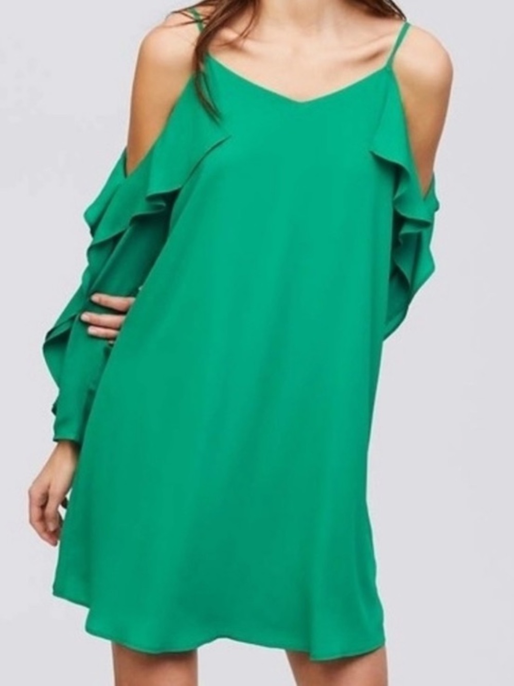 LOFT Plus Green Cold-Shoulder Ruffle Shift Dress